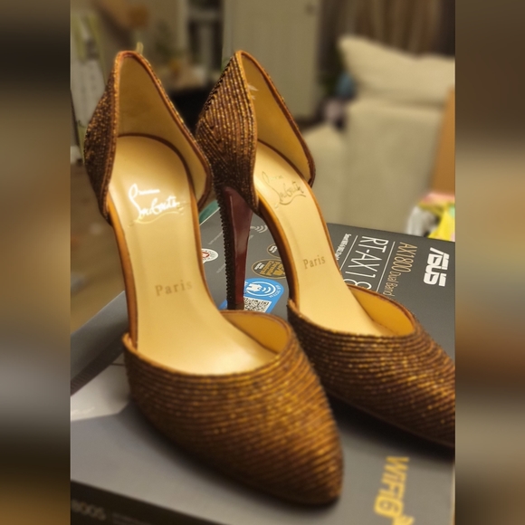 Christian Louboutin Women's  Labyrinth 100 Bronze Beaded Heels - Picture 2 of 4